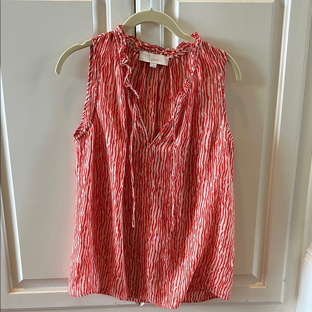 LOFT Coral and White Ruffle Collar Tie Front Sleeveless Blouse